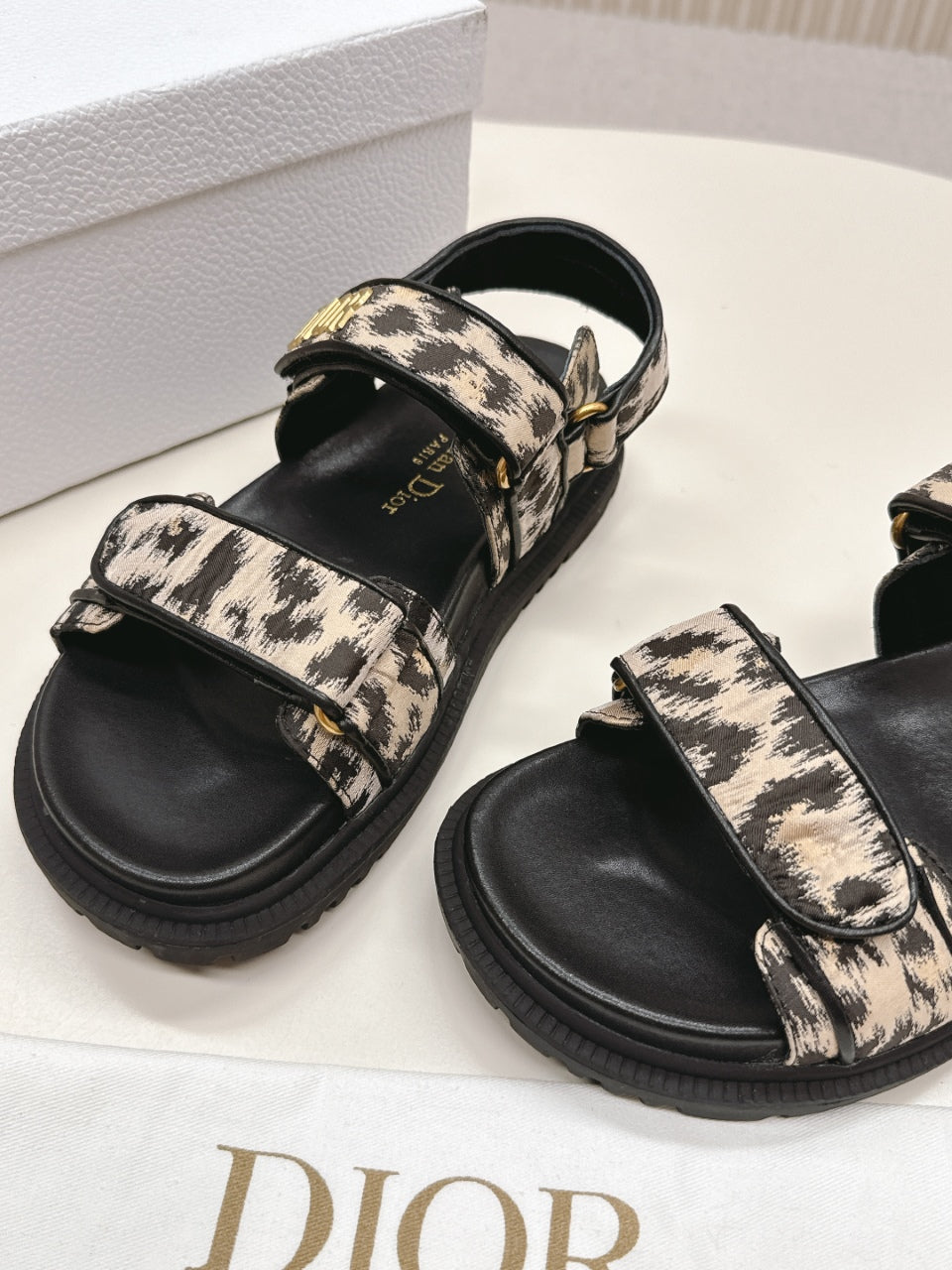 DIOR BACK-STRAP SANDALS 25S IN BLACK MIX LEOPARD PRINT FABRIC AND CALFSKIN WITH GOLD HARDWARE - 35
