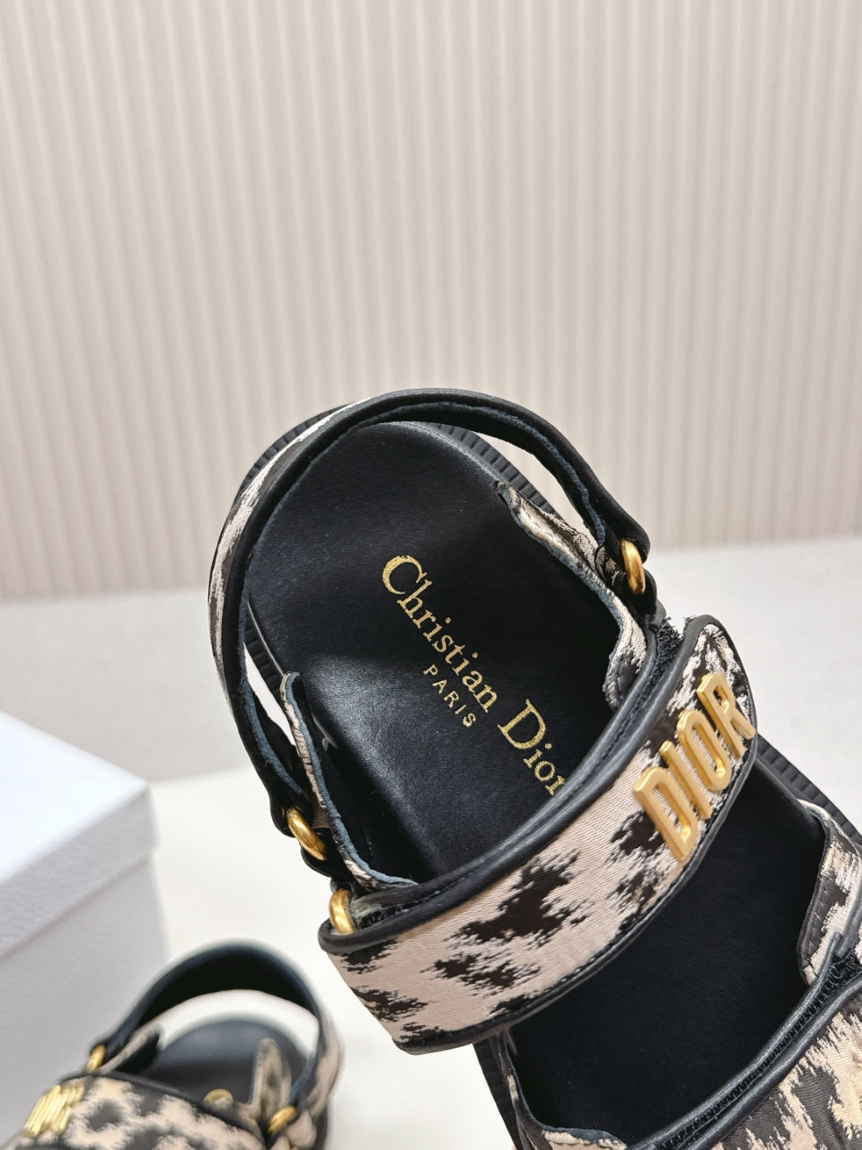DIOR BACK-STRAP SANDALS 25S IN BLACK MIX LEOPARD PRINT FABRIC AND CALFSKIN WITH GOLD HARDWARE - 35