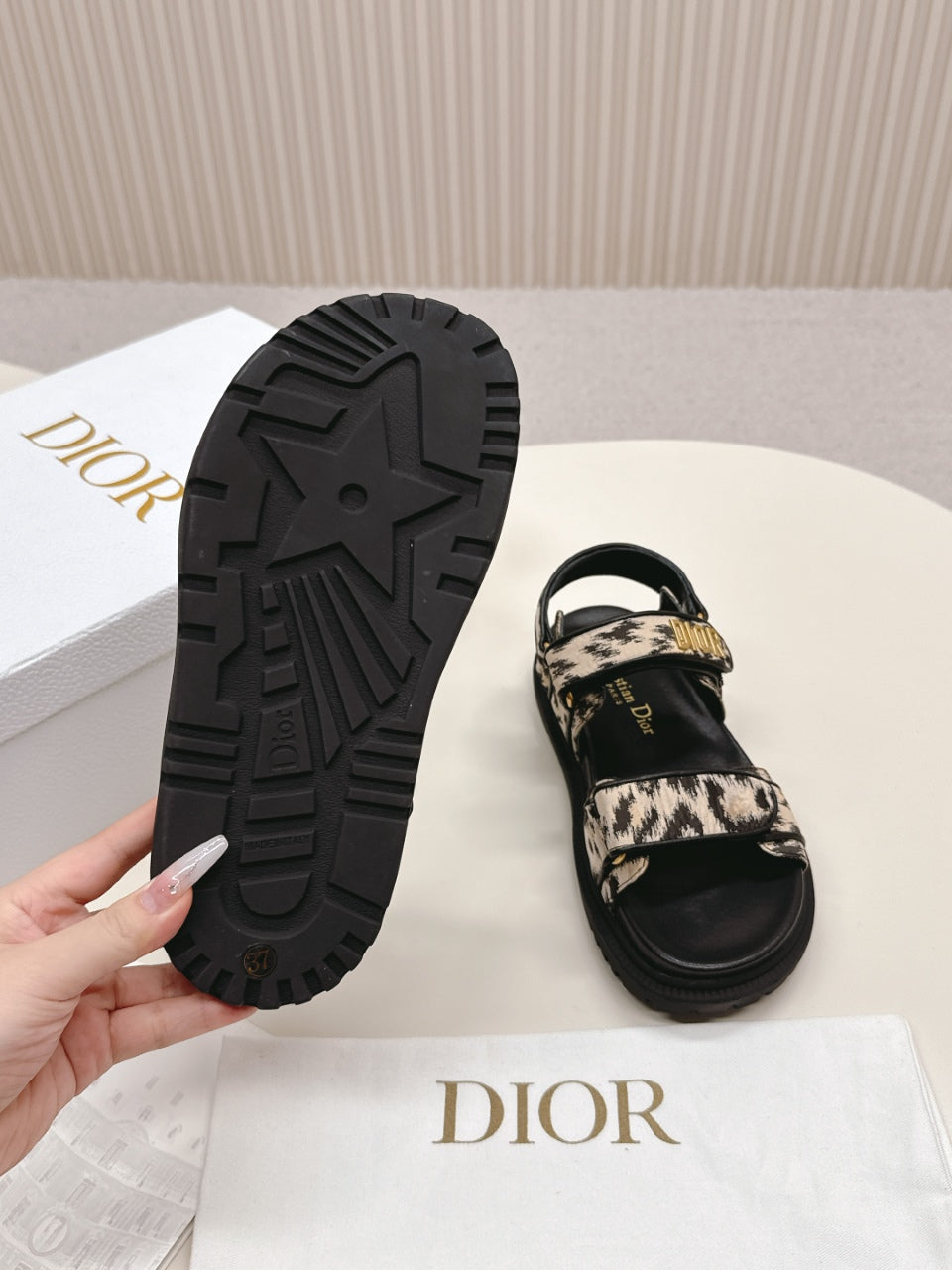 DIOR BACK-STRAP SANDALS 25S IN BLACK MIX LEOPARD PRINT FABRIC AND CALFSKIN WITH GOLD HARDWARE - 35