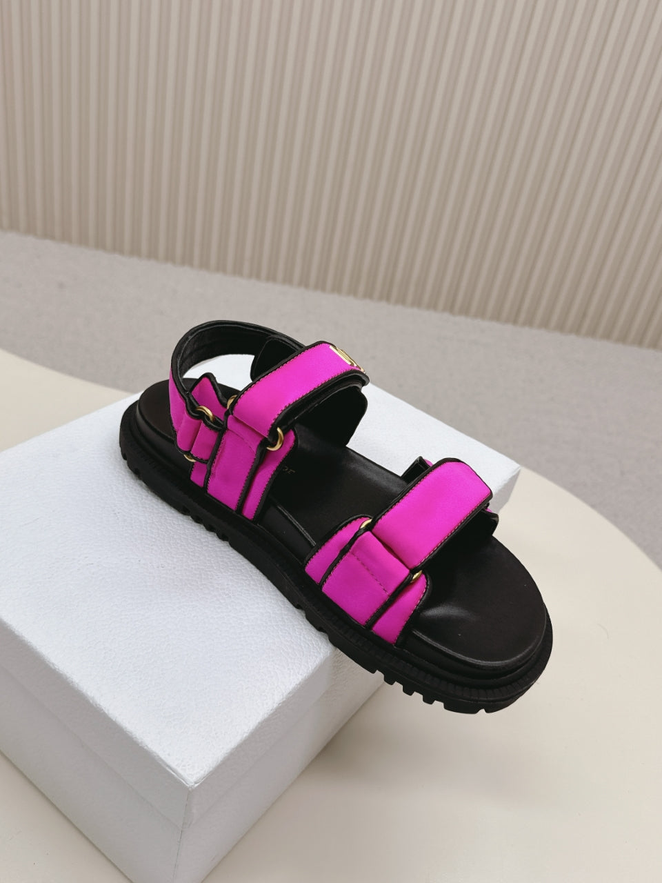 DIOR BACK-STRAP SANDALS 25S IN DARK PINK FABRIC AND BLACK CALFSKIN WITH GOLD HARDWARE - 35