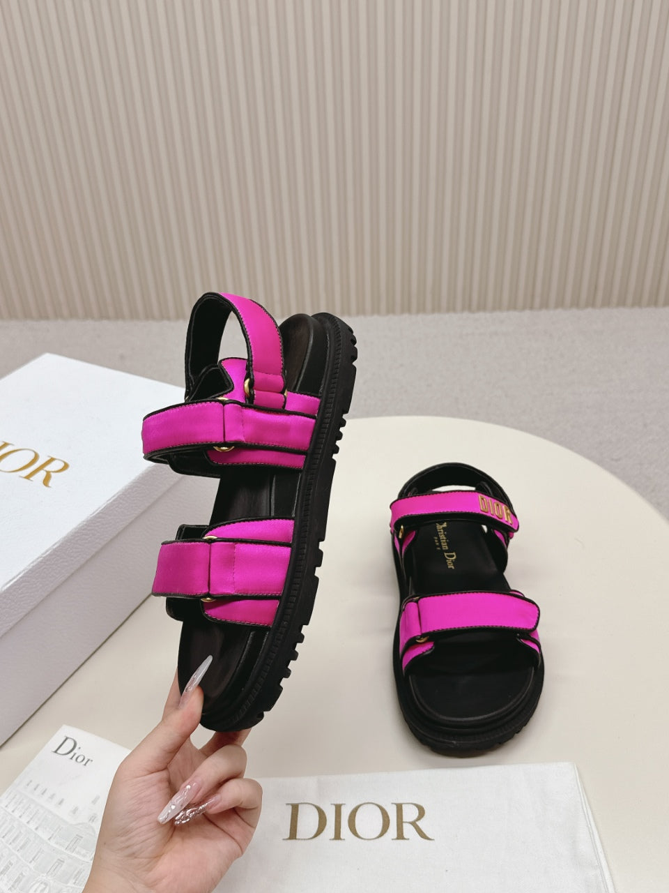 DIOR BACK-STRAP SANDALS 25S IN DARK PINK FABRIC AND BLACK CALFSKIN WITH GOLD HARDWARE - 35