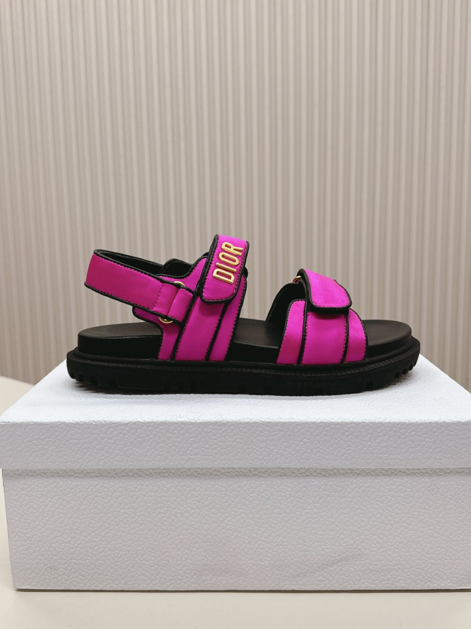 DIOR BACK-STRAP SANDALS 25S IN DARK PINK FABRIC AND BLACK CALFSKIN WITH GOLD HARDWARE - 35