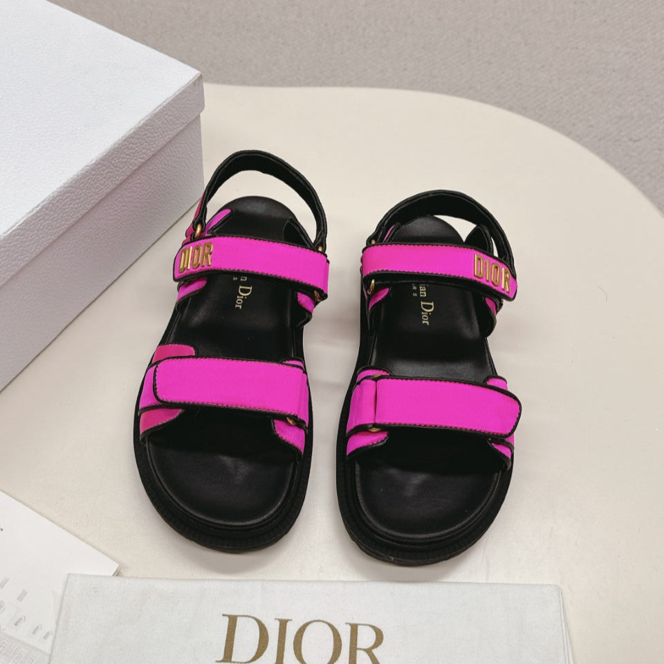 DIOR BACK-STRAP SANDALS 25S IN DARK PINK FABRIC AND BLACK CALFSKIN WITH GOLD HARDWARE - 35