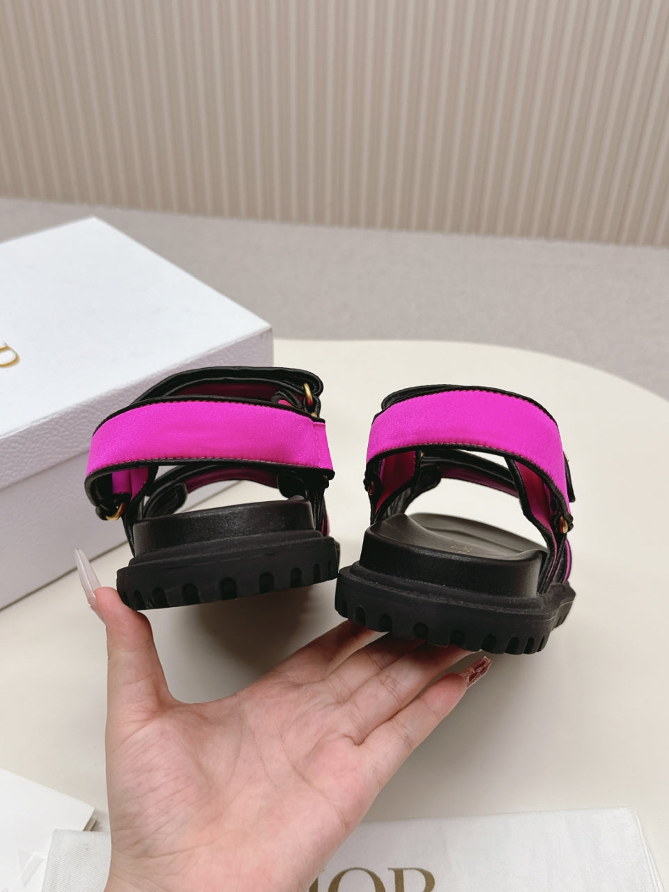 DIOR BACK-STRAP SANDALS 25S IN DARK PINK FABRIC AND BLACK CALFSKIN WITH GOLD HARDWARE - 35