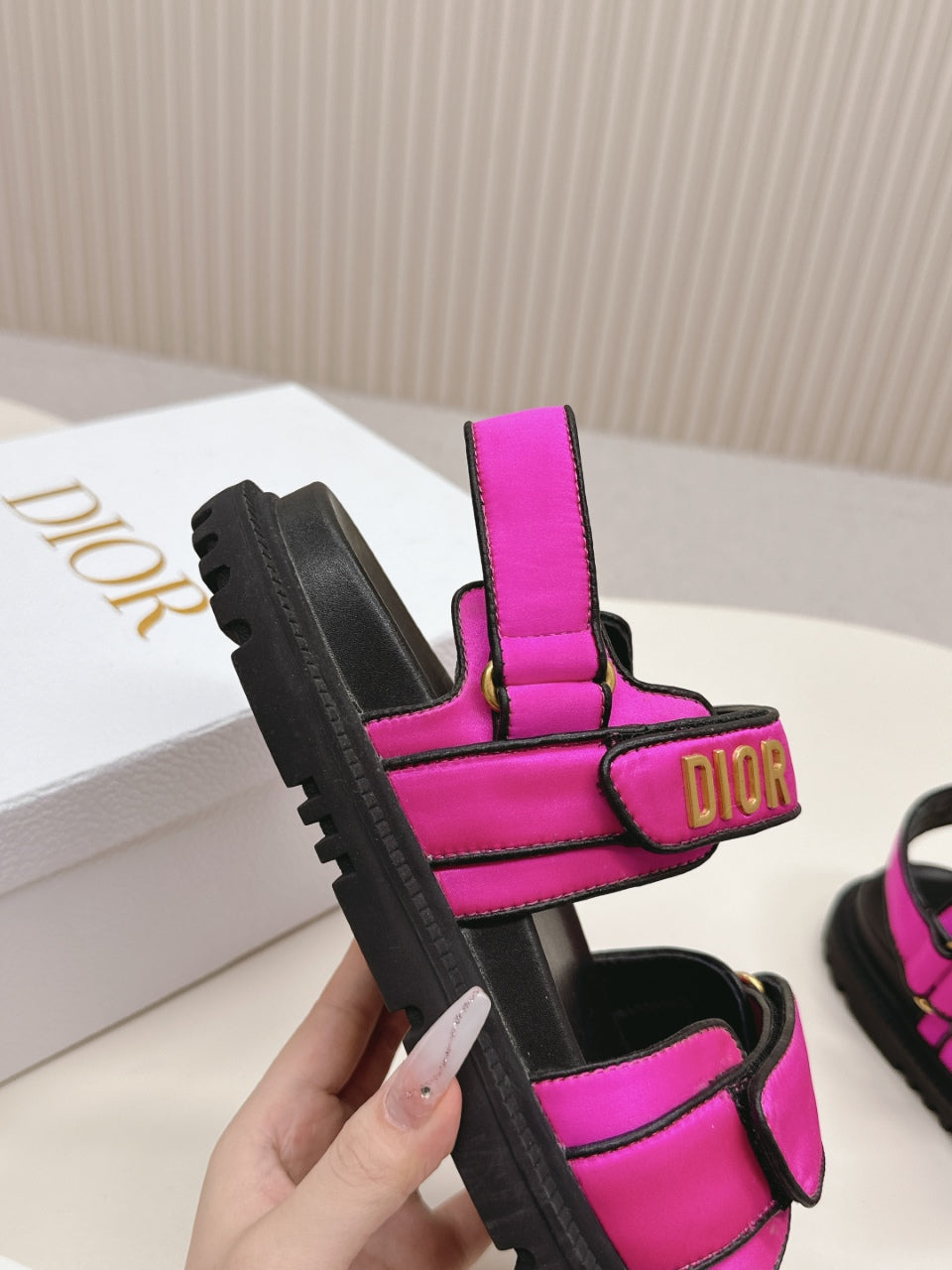 DIOR BACK-STRAP SANDALS 25S IN DARK PINK FABRIC AND BLACK CALFSKIN WITH GOLD HARDWARE - 35