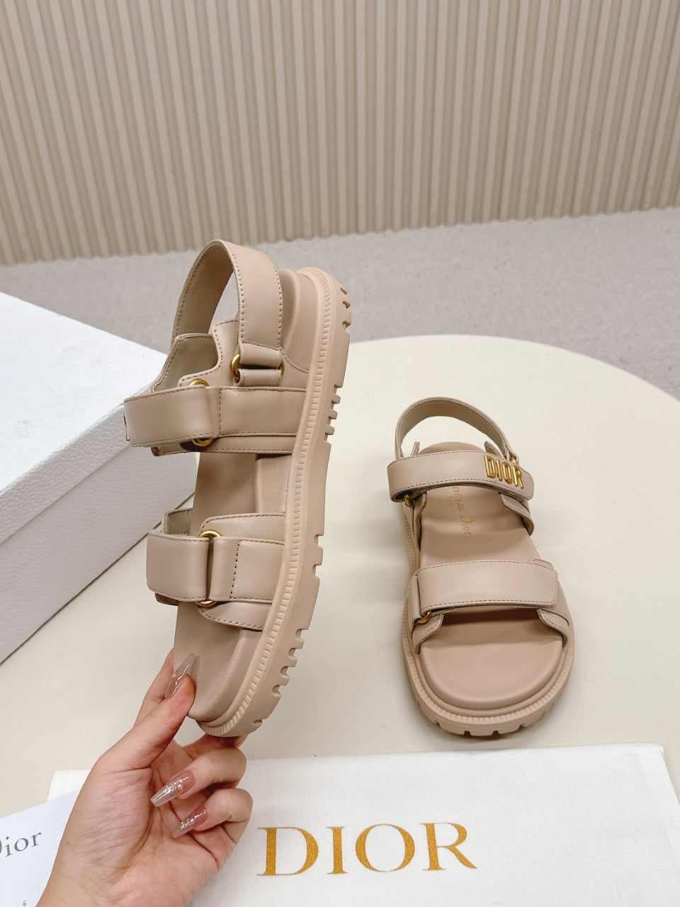DIOR BACK-STRAP SANDALS 25S IN BEIGE CALFSKIN WITH GOLD HARDWARE - 35