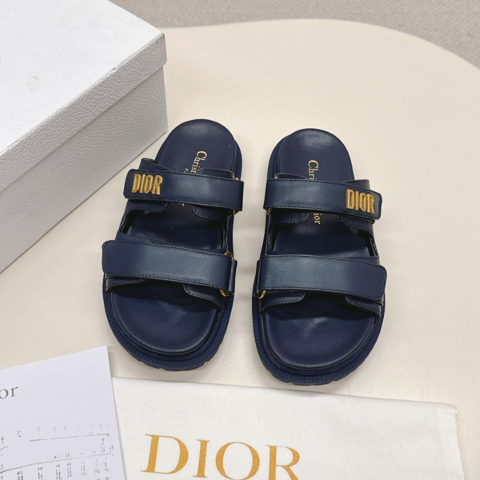 DIOR CLASSIC DOUBLE-STRAP SLIDES 25S IN MIDNIGHT BLUE CALFSKIN - 35