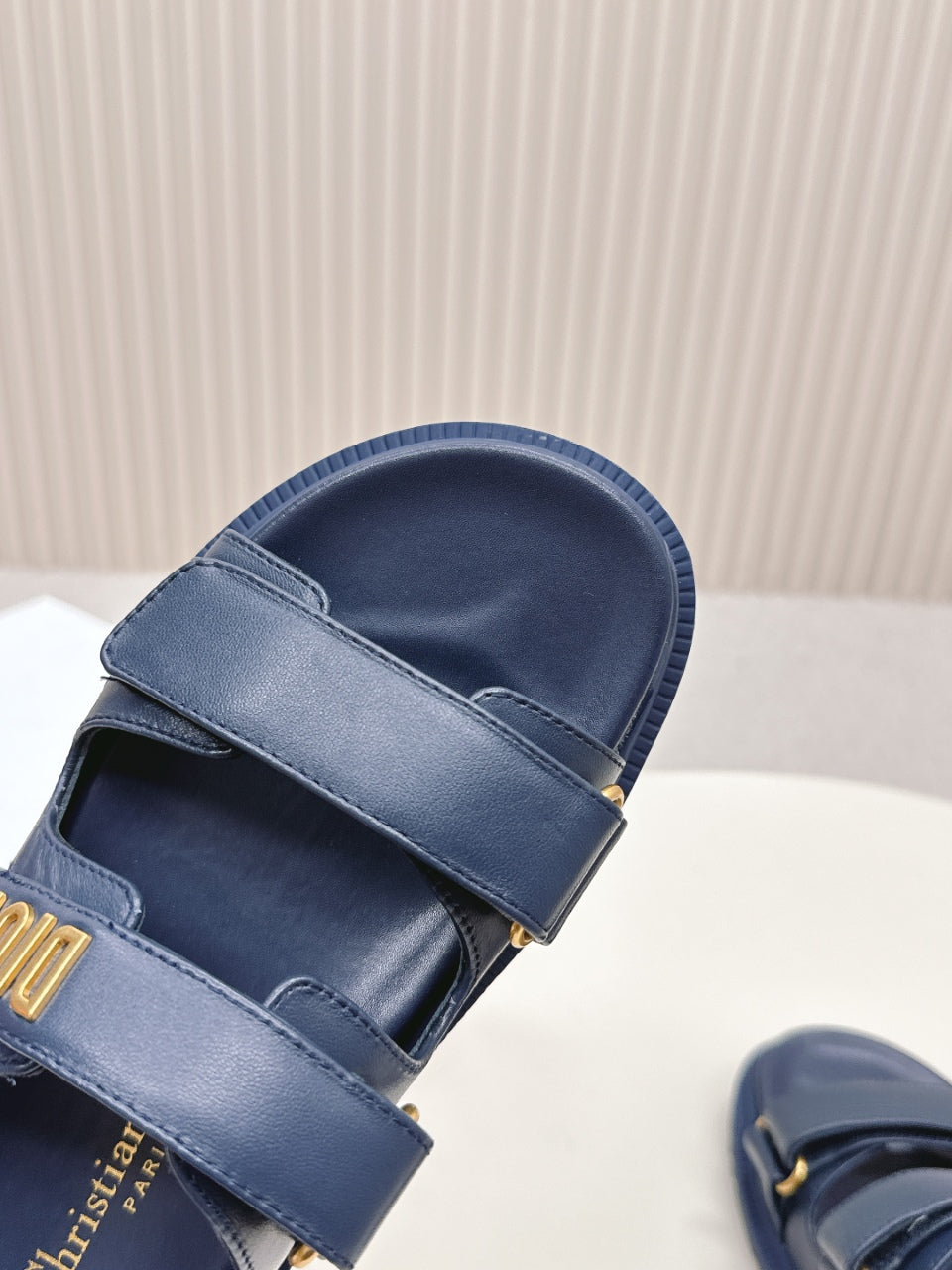 DIOR CLASSIC DOUBLE-STRAP SLIDES 25S IN MIDNIGHT BLUE CALFSKIN - 35