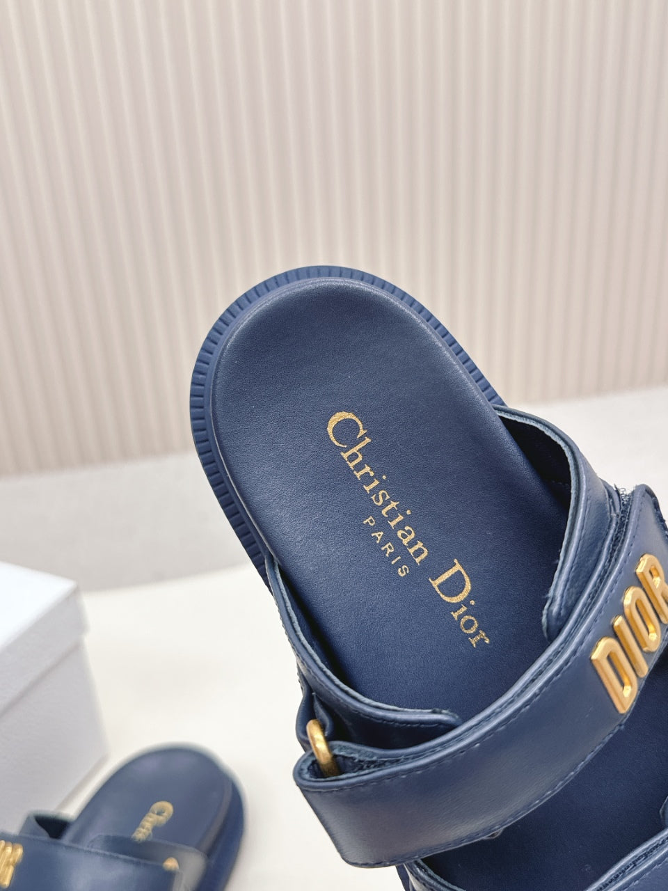 DIOR CLASSIC DOUBLE-STRAP SLIDES 25S IN MIDNIGHT BLUE CALFSKIN - 35