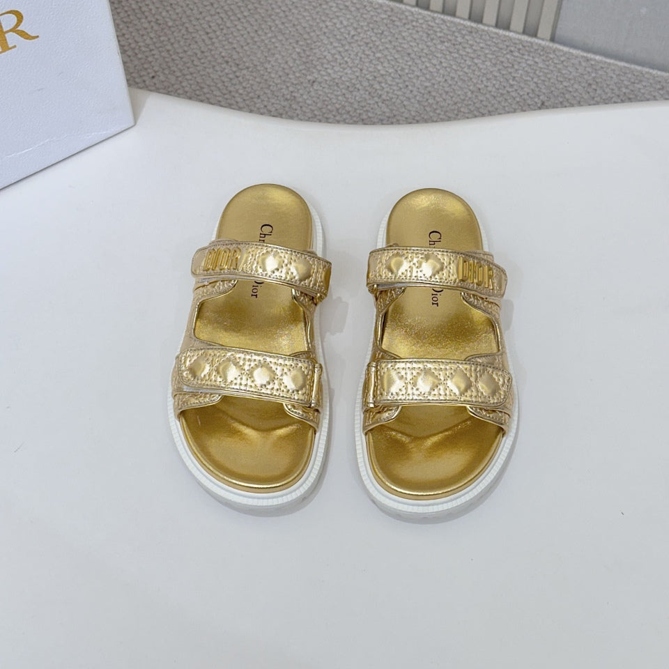 DIOR CLASSIC DOUBLE-STRAP SLIDES 25S IN GOLD CALFSKIN - 35