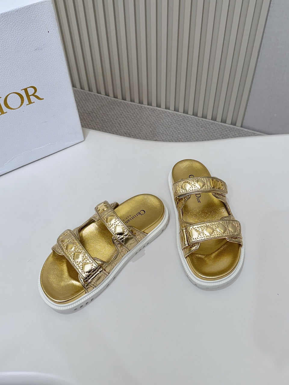 DIOR CLASSIC DOUBLE-STRAP SLIDES 25S IN GOLD CALFSKIN - 35