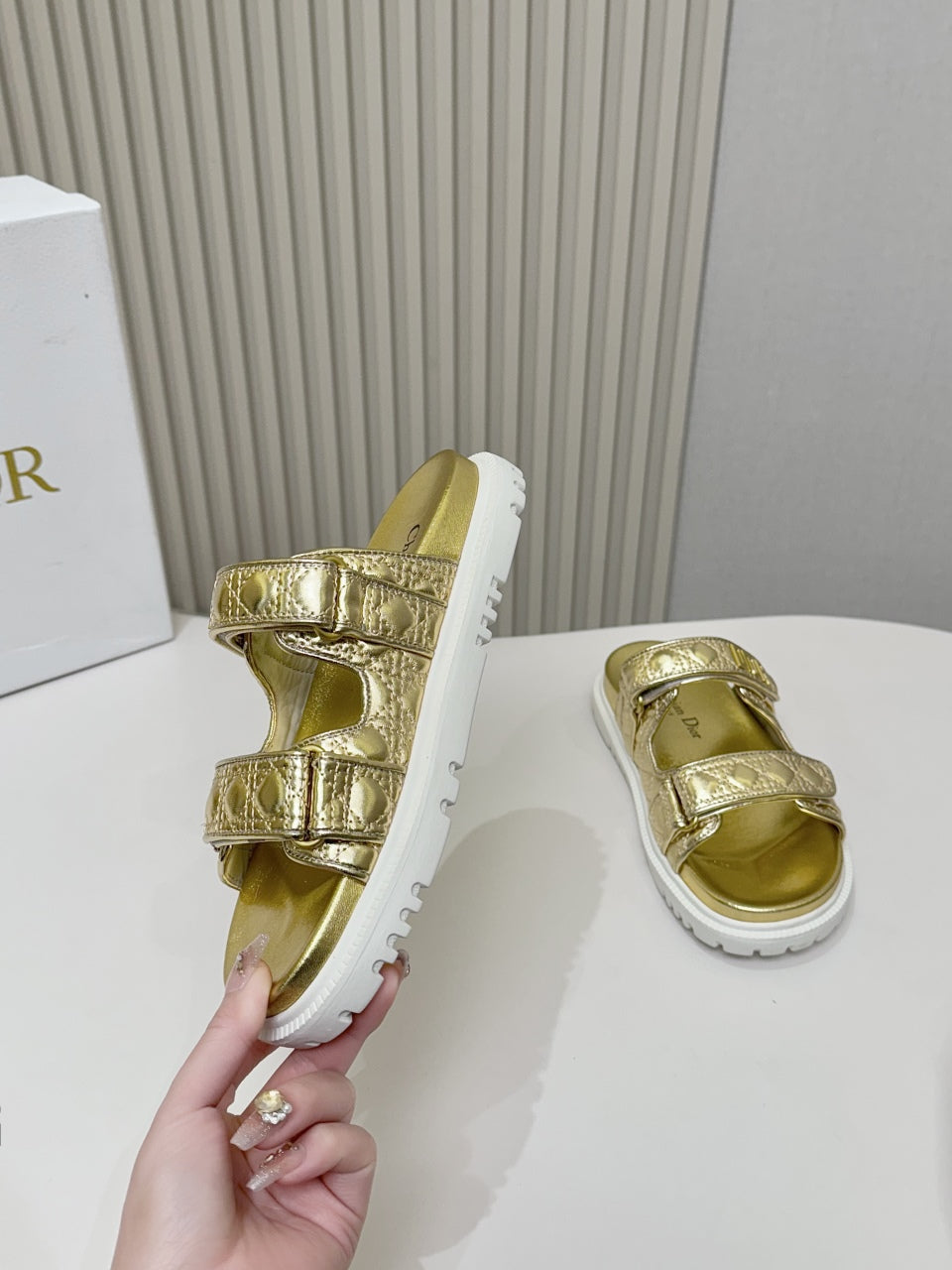 DIOR CLASSIC DOUBLE-STRAP SLIDES 25S IN GOLD CALFSKIN - 35