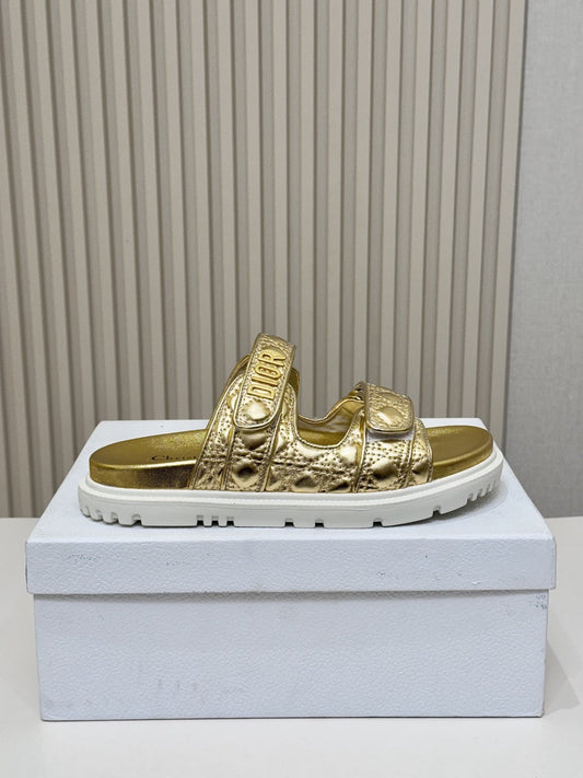 DIOR CLASSIC DOUBLE-STRAP SLIDES 25S IN GOLD CALFSKIN - 35