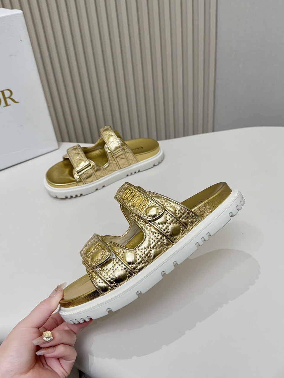 DIOR CLASSIC DOUBLE-STRAP SLIDES 25S IN GOLD CALFSKIN - 35