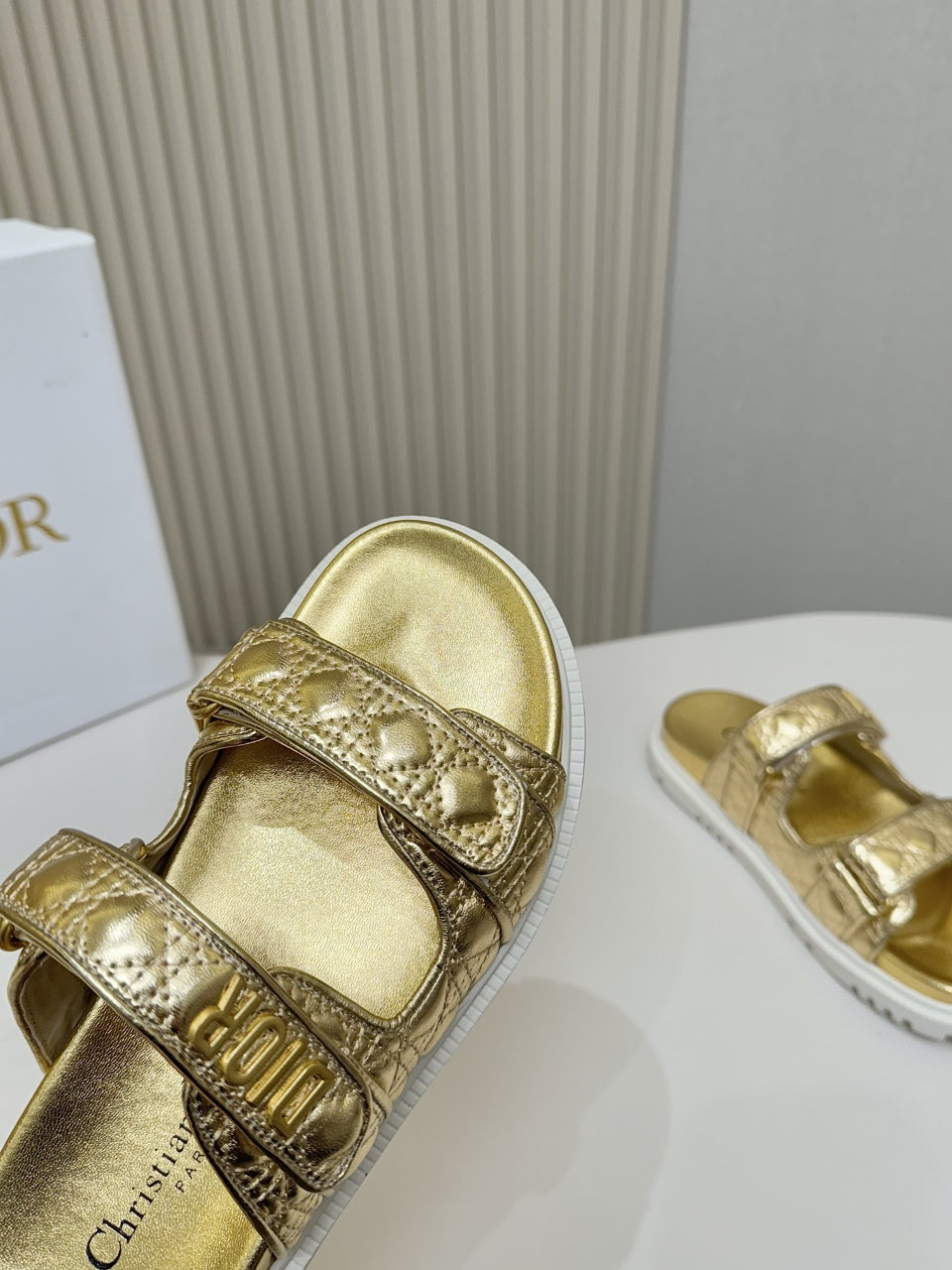 DIOR CLASSIC DOUBLE-STRAP SLIDES 25S IN GOLD CALFSKIN - 35