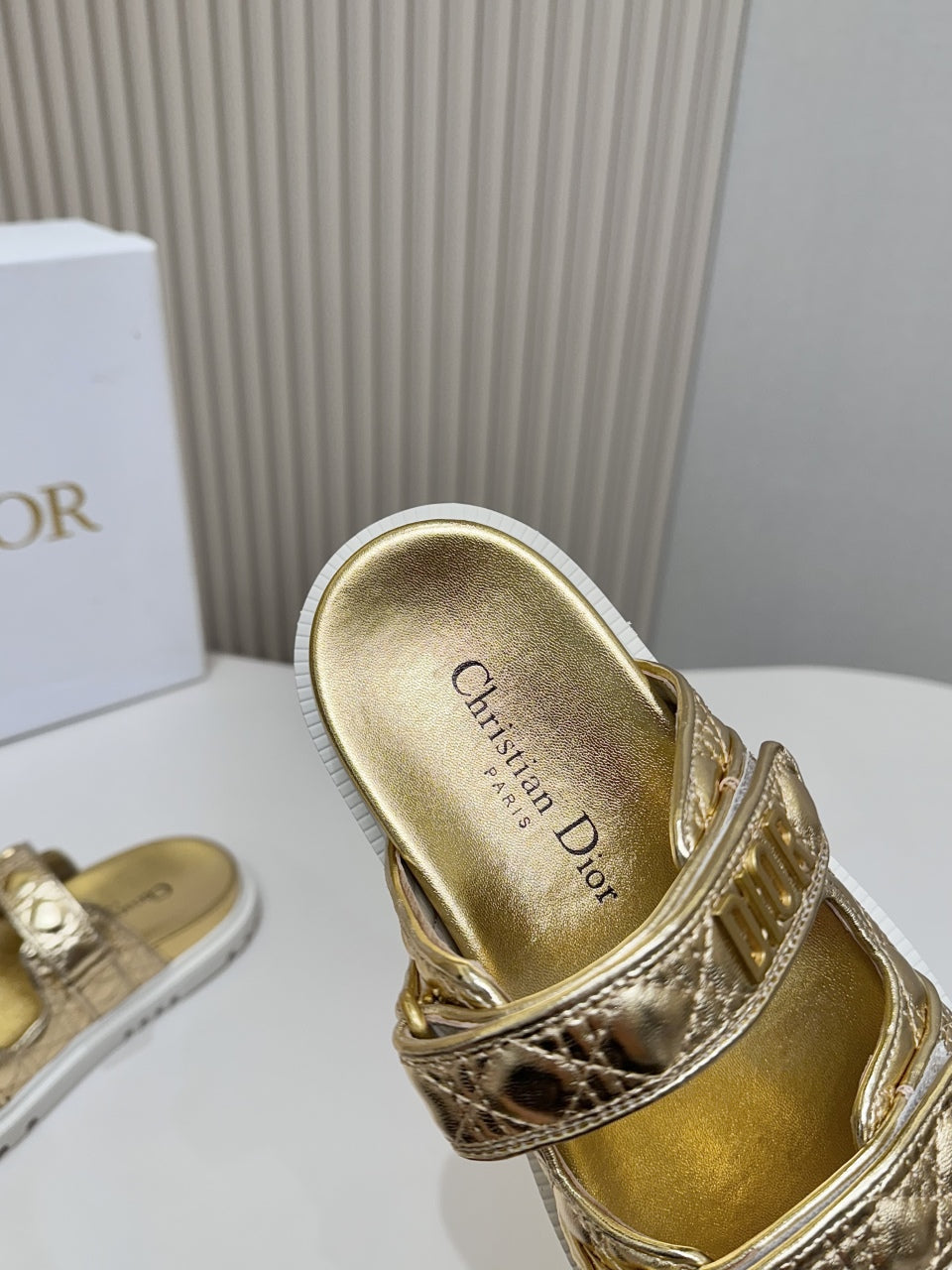 DIOR CLASSIC DOUBLE-STRAP SLIDES 25S IN GOLD CALFSKIN - 35