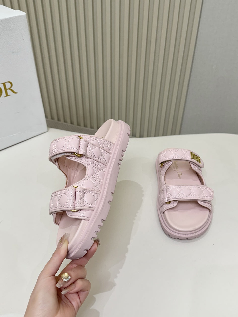 DIOR CLASSIC DOUBLE-STRAP SLIDES 25S IN PASTEL PINK CALFSKIN - 35