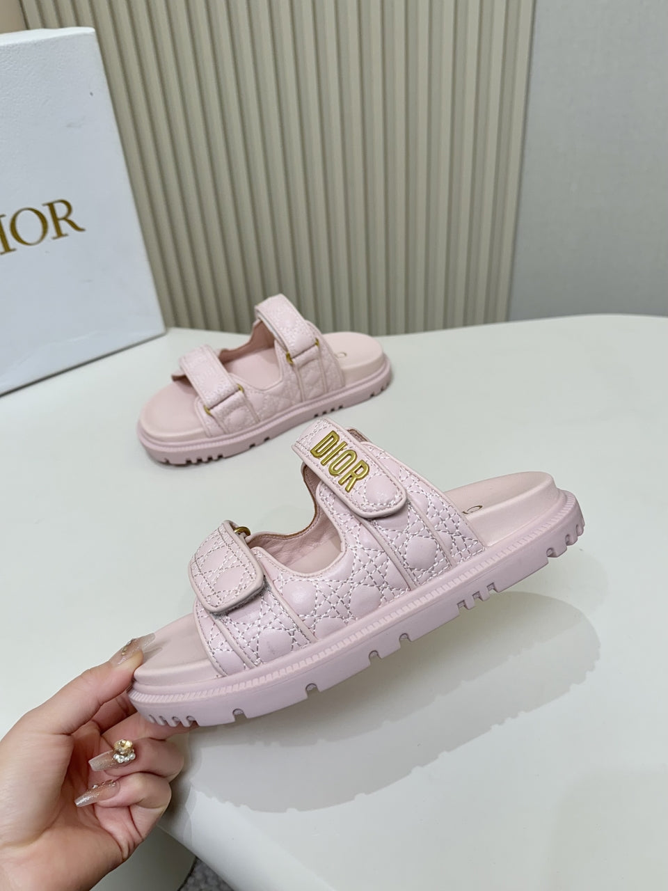 DIOR CLASSIC DOUBLE-STRAP SLIDES 25S IN PASTEL PINK CALFSKIN - 35