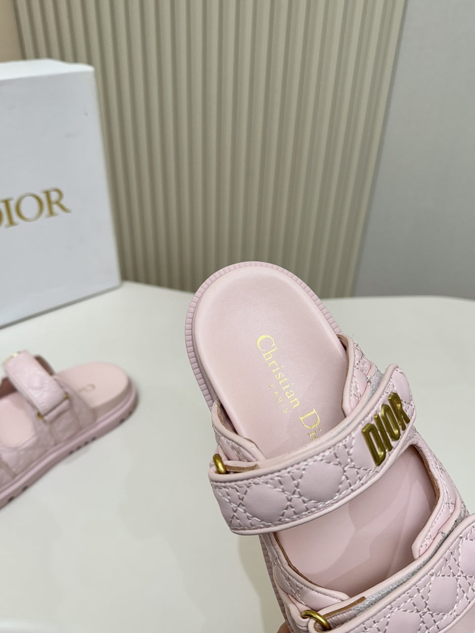 DIOR CLASSIC DOUBLE-STRAP SLIDES 25S IN PASTEL PINK CALFSKIN - 35