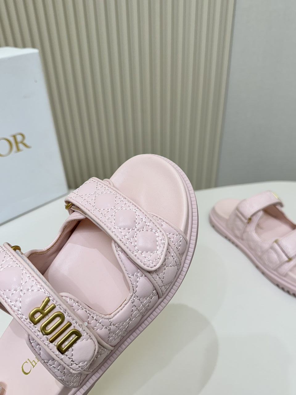 DIOR CLASSIC DOUBLE-STRAP SLIDES 25S IN PASTEL PINK CALFSKIN - 35