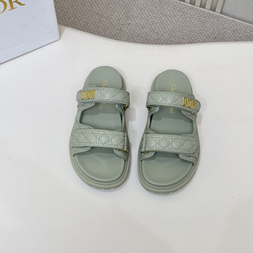 DIOR CLASSIC DOUBLE-STRAP SLIDES 25S IN PALE TEAL GRAY CALFSKIN - 35