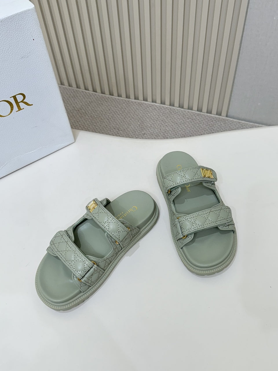 DIOR CLASSIC DOUBLE-STRAP SLIDES 25S IN PALE TEAL GRAY CALFSKIN - 35