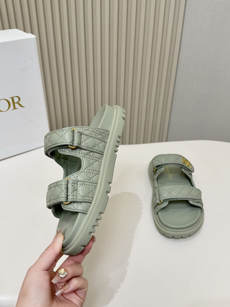 DIOR CLASSIC DOUBLE-STRAP SLIDES 25S IN PALE TEAL GRAY CALFSKIN - 35