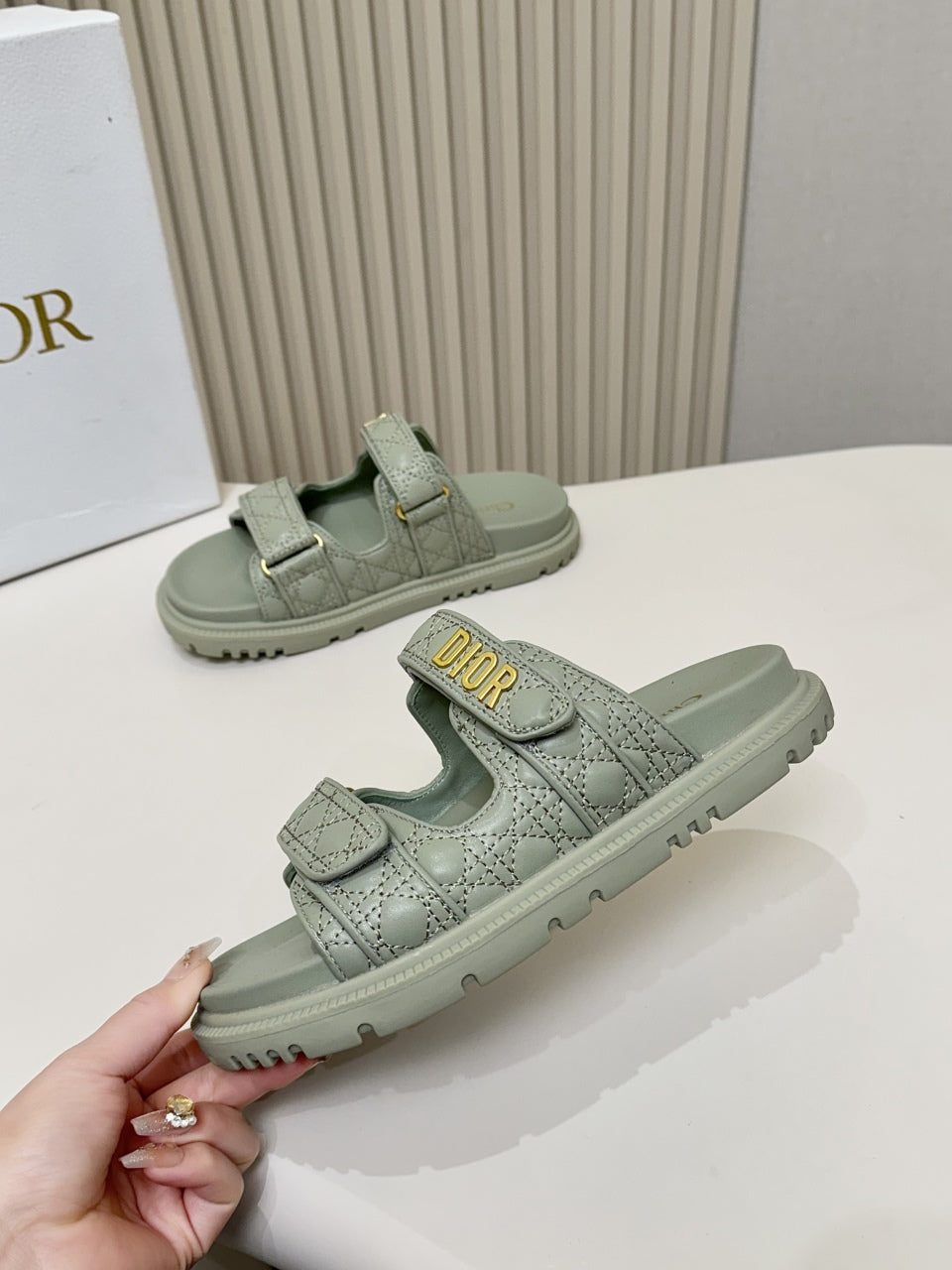 DIOR CLASSIC DOUBLE-STRAP SLIDES 25S IN PALE TEAL GRAY CALFSKIN - 35