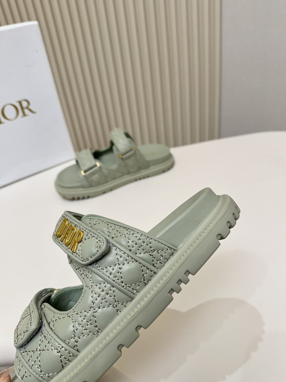 DIOR CLASSIC DOUBLE-STRAP SLIDES 25S IN PALE TEAL GRAY CALFSKIN - 35