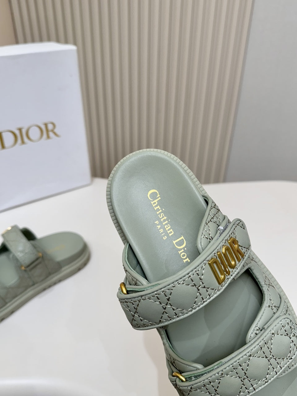 DIOR CLASSIC DOUBLE-STRAP SLIDES 25S IN PALE TEAL GRAY CALFSKIN - 35