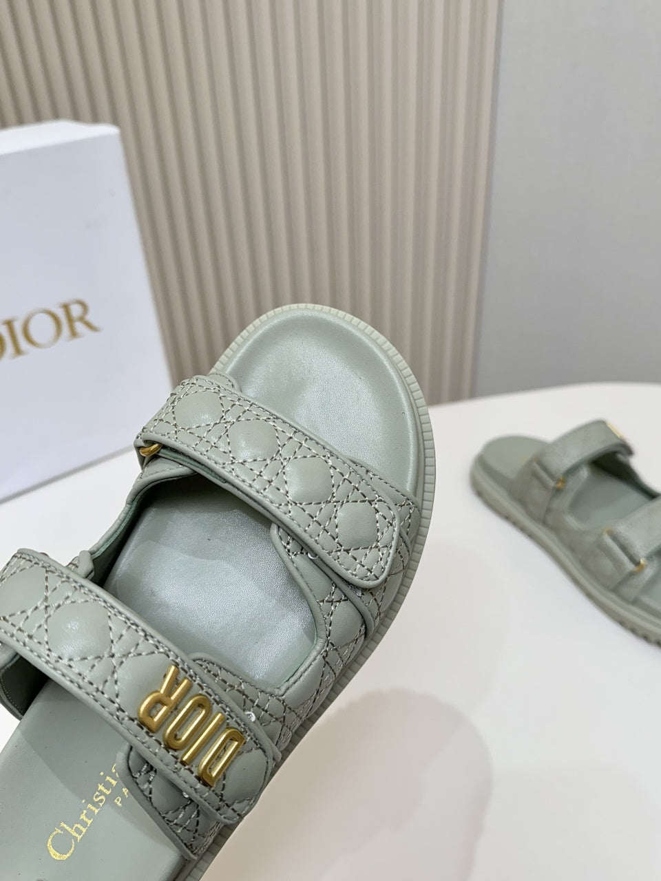 DIOR CLASSIC DOUBLE-STRAP SLIDES 25S IN PALE TEAL GRAY CALFSKIN - 35