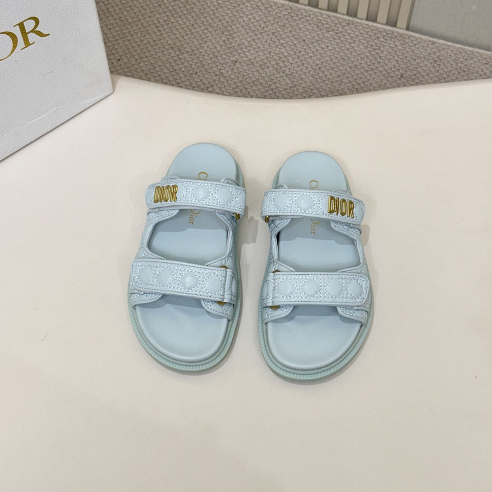 DIOR CLASSIC DOUBLE-STRAP SLIDES 25S IN PASTEL BLUE CALFSKIN - 35
