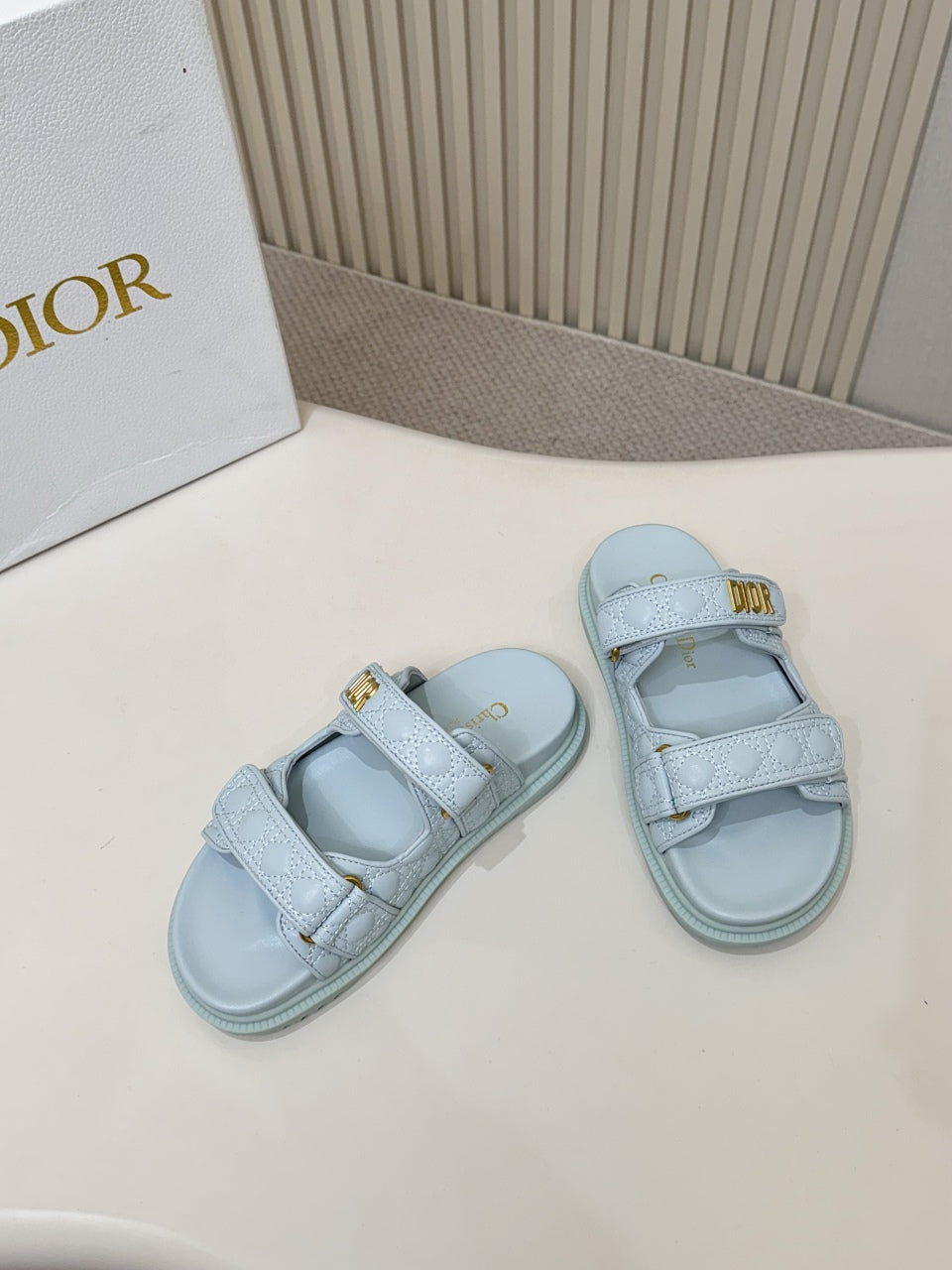DIOR CLASSIC DOUBLE-STRAP SLIDES 25S IN PASTEL BLUE CALFSKIN - 35