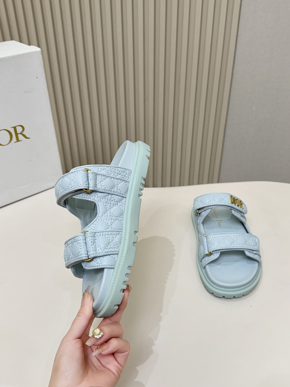 DIOR CLASSIC DOUBLE-STRAP SLIDES 25S IN PASTEL BLUE CALFSKIN - 35
