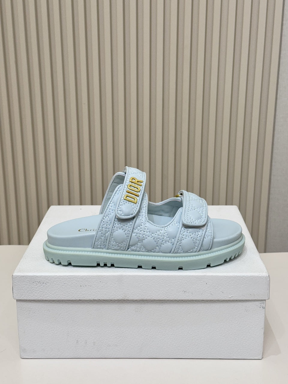 DIOR CLASSIC DOUBLE-STRAP SLIDES 25S IN PASTEL BLUE CALFSKIN - 35
