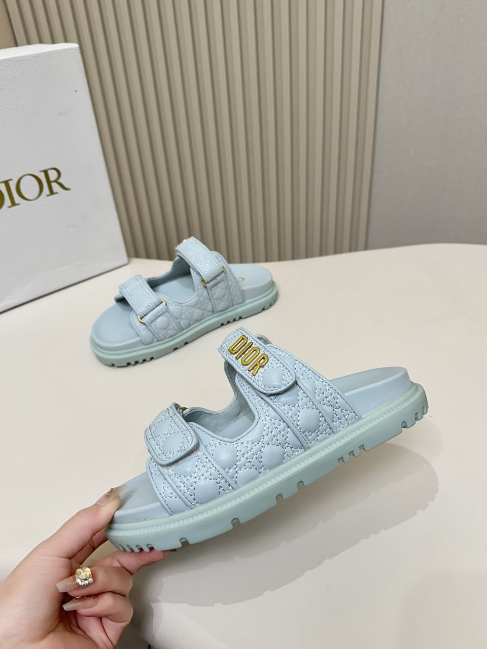 DIOR CLASSIC DOUBLE-STRAP SLIDES 25S IN PASTEL BLUE CALFSKIN - 35