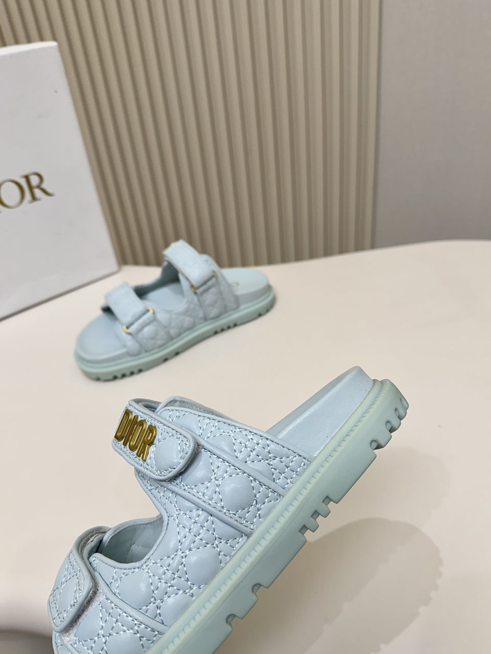 DIOR CLASSIC DOUBLE-STRAP SLIDES 25S IN PASTEL BLUE CALFSKIN - 35