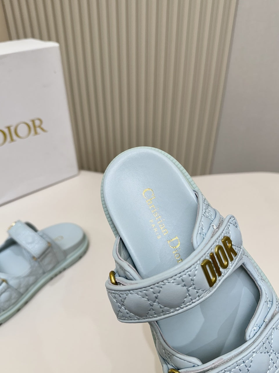 DIOR CLASSIC DOUBLE-STRAP SLIDES 25S IN PASTEL BLUE CALFSKIN - 35