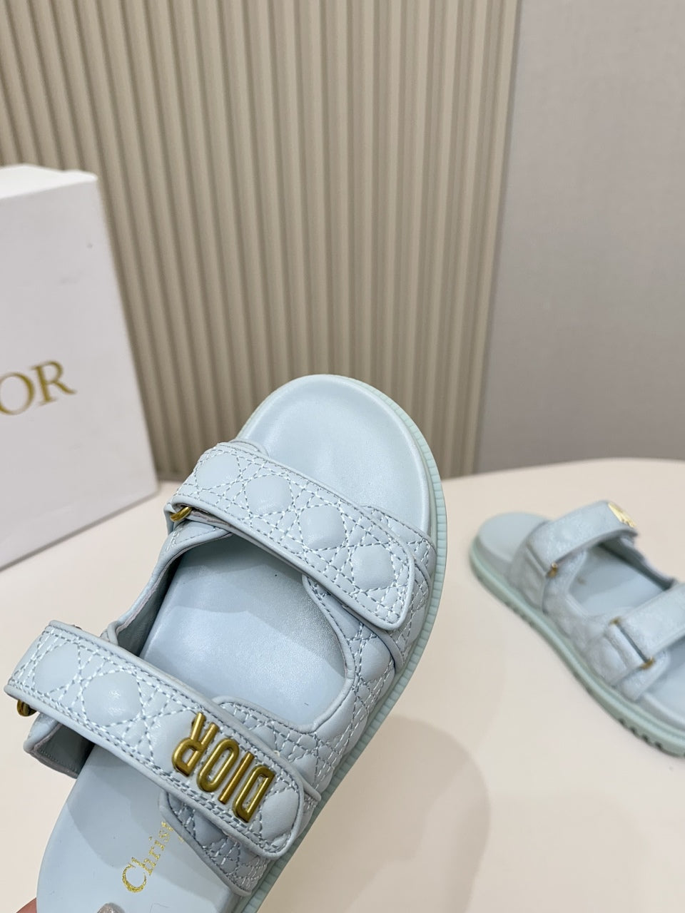 DIOR CLASSIC DOUBLE-STRAP SLIDES 25S IN PASTEL BLUE CALFSKIN - 35