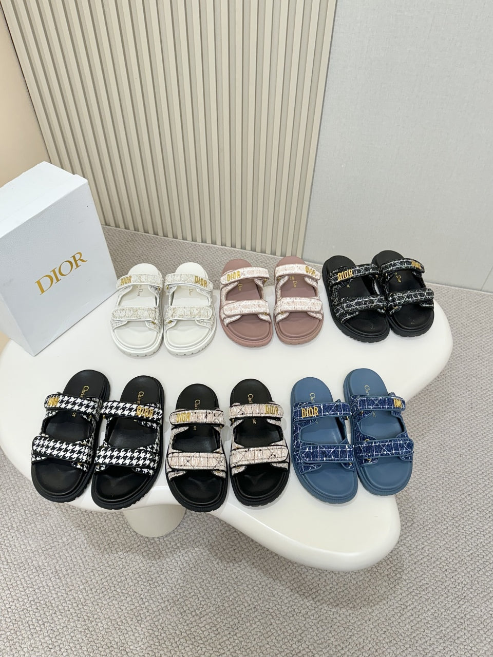 DIOR CLASSIC DOUBLE-STRAP SLIDES 25S IN WHITE MIX BLACK TWEED AND CALFSKIN - 35