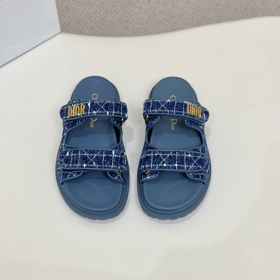DIOR CLASSIC DOUBLE-STRAP SLIDES 25S IN NAVY BLUE TWEED AND CALFSKIN - 35