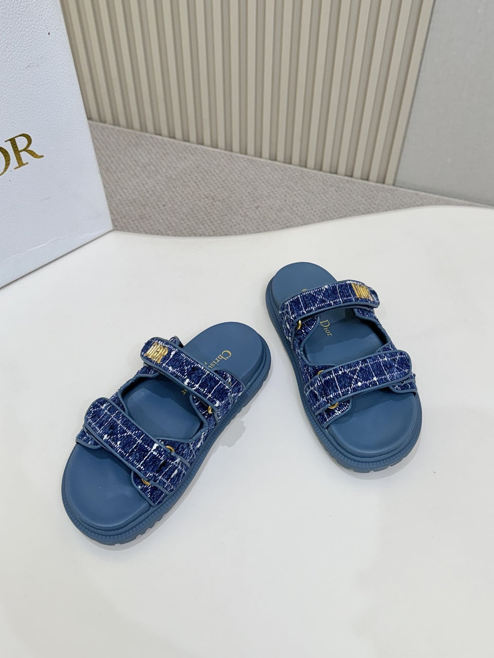 DIOR CLASSIC DOUBLE-STRAP SLIDES 25S IN NAVY BLUE TWEED AND CALFSKIN - 35