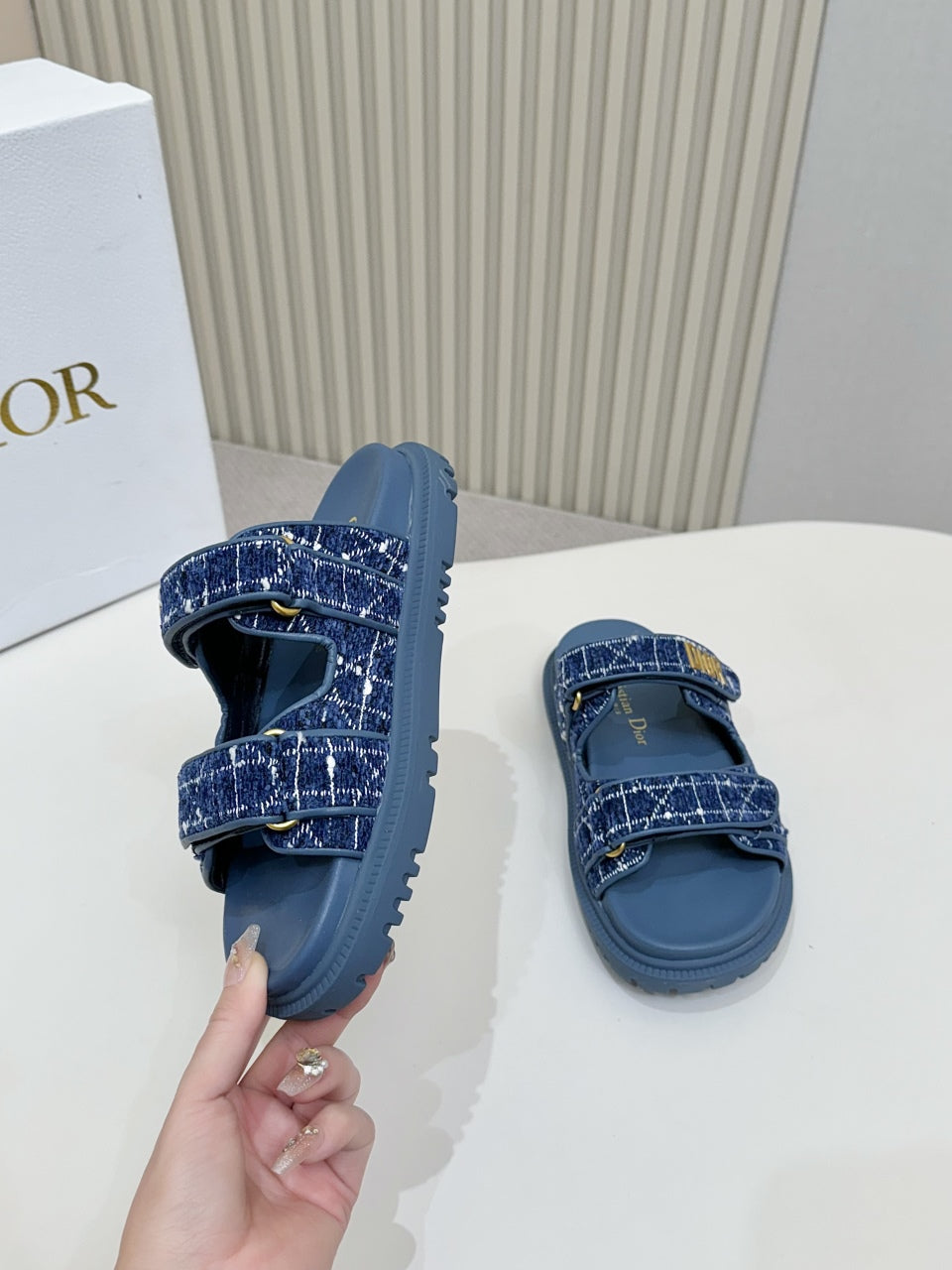 DIOR CLASSIC DOUBLE-STRAP SLIDES 25S IN NAVY BLUE TWEED AND CALFSKIN - 35
