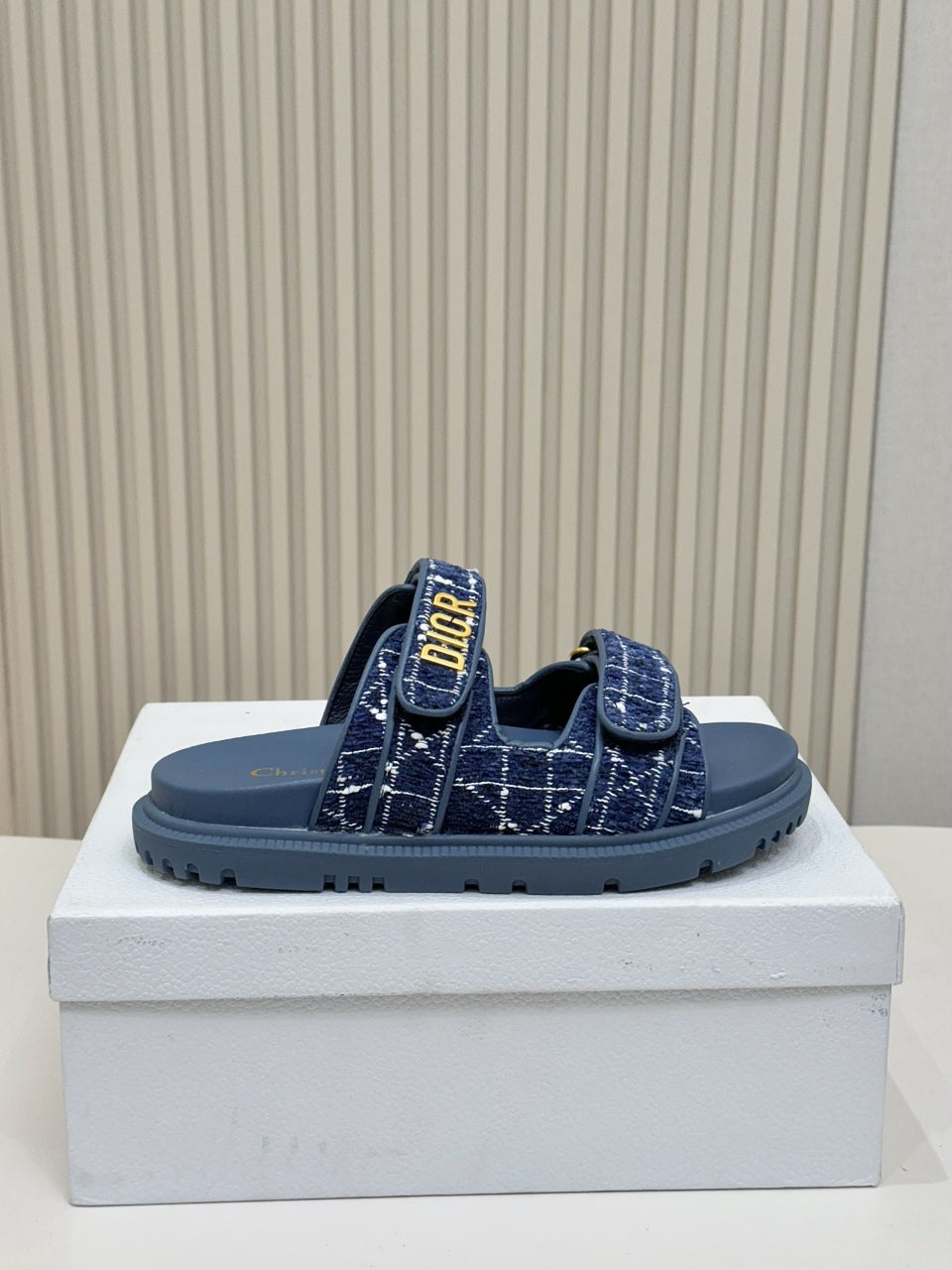 DIOR CLASSIC DOUBLE-STRAP SLIDES 25S IN NAVY BLUE TWEED AND CALFSKIN - 35