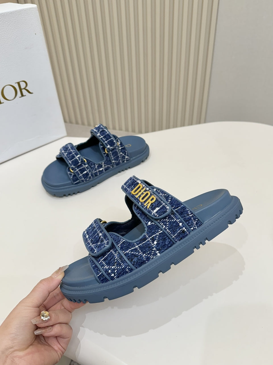DIOR CLASSIC DOUBLE-STRAP SLIDES 25S IN NAVY BLUE TWEED AND CALFSKIN - 35