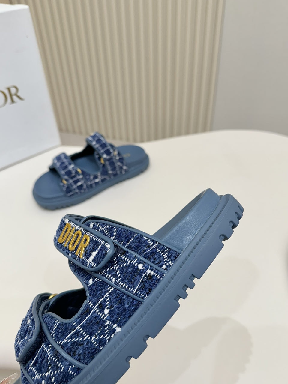 DIOR CLASSIC DOUBLE-STRAP SLIDES 25S IN NAVY BLUE TWEED AND CALFSKIN - 35
