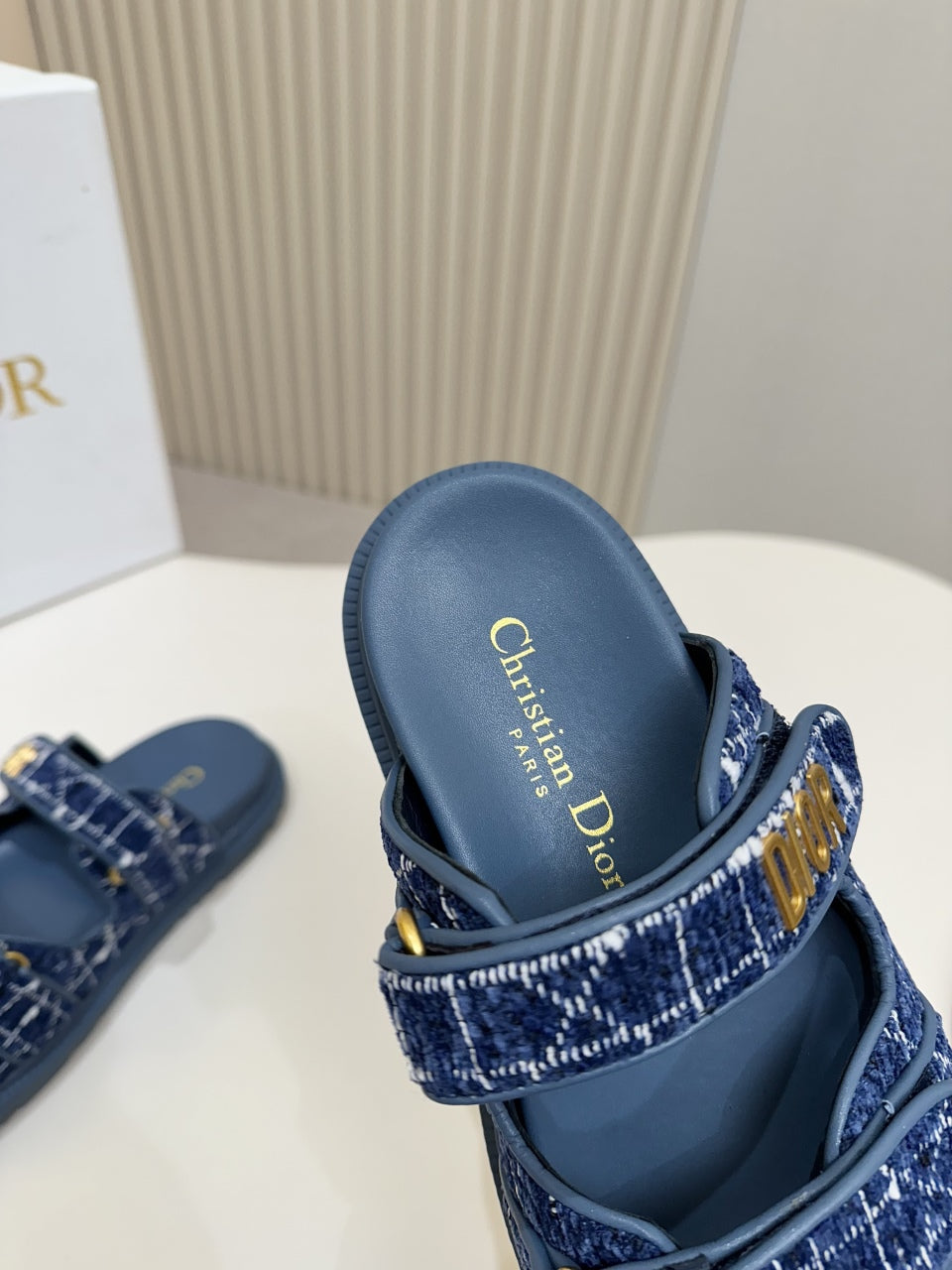 DIOR CLASSIC DOUBLE-STRAP SLIDES 25S IN NAVY BLUE TWEED AND CALFSKIN - 35