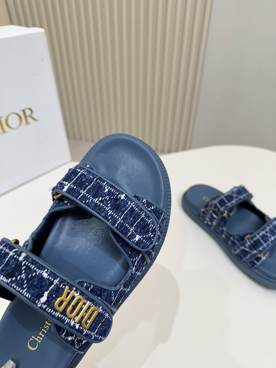 DIOR CLASSIC DOUBLE-STRAP SLIDES 25S IN NAVY BLUE TWEED AND CALFSKIN - 35