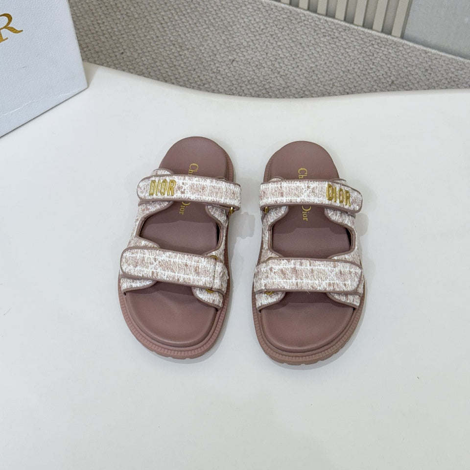DIOR CLASSIC DOUBLE-STRAP SLIDES 25S IN ROSE BROWN TWEED AND CALFSKIN - 35