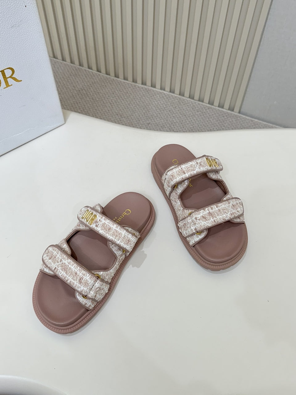 DIOR CLASSIC DOUBLE-STRAP SLIDES 25S IN ROSE BROWN TWEED AND CALFSKIN - 35